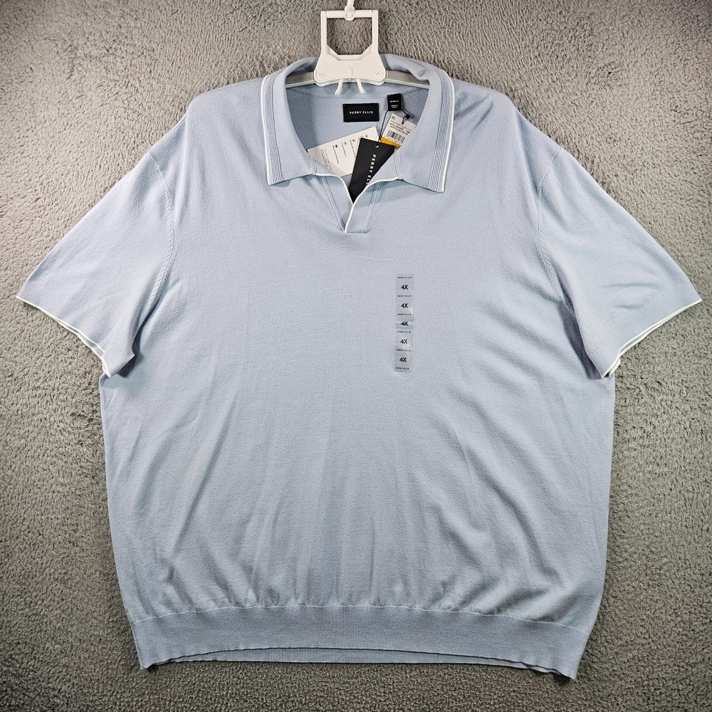$99 NEW Perry Ellis Polo Shirt Men 4X Split Neck White Trim Light Kentucky Blue